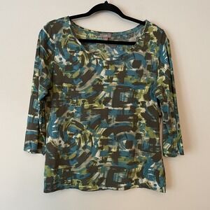 J Jill 100% Pima Cotton Abstract Print 3/4 Sleeve Shirt Sz M Boho Artsy Stretch